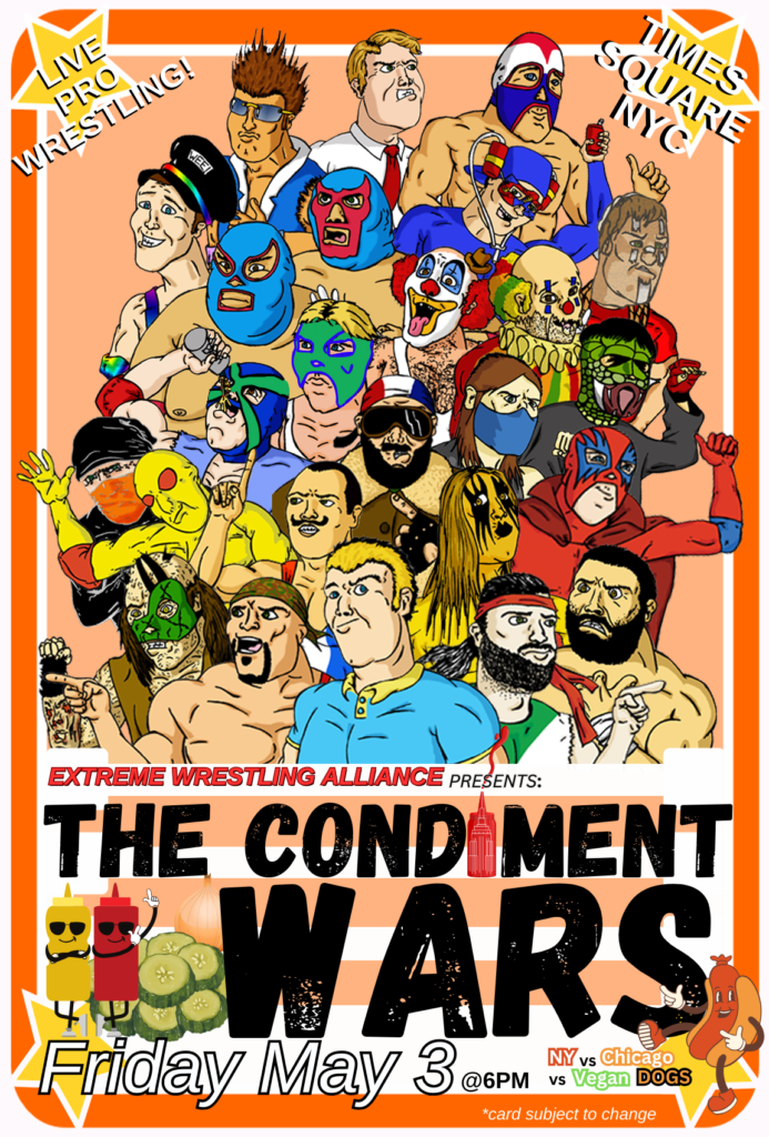 A wrestling poster with caricatures that reads "The EWA presents: Condiment Wars."