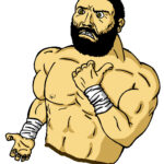 A caricature of a male wrestler with short, black hair and beard, wearing no shirt.