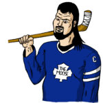 A caricature of man with a mullet hair cut and goatee wearing a hockey jersey and holding a hockey stick.