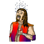 A caricature of male wrestler with long hair and goatee, weraing a red and purple vest and bubbles floating around his head.